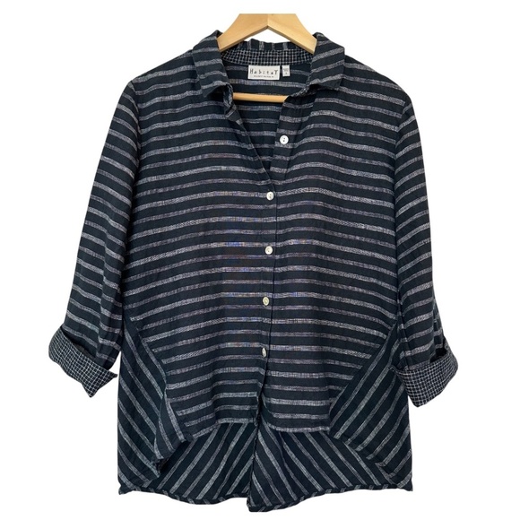 Habitat Tunic Top Women's Size S Linen Navy Striped Lagenlook Minimalist Boho - Picture 16 of 16